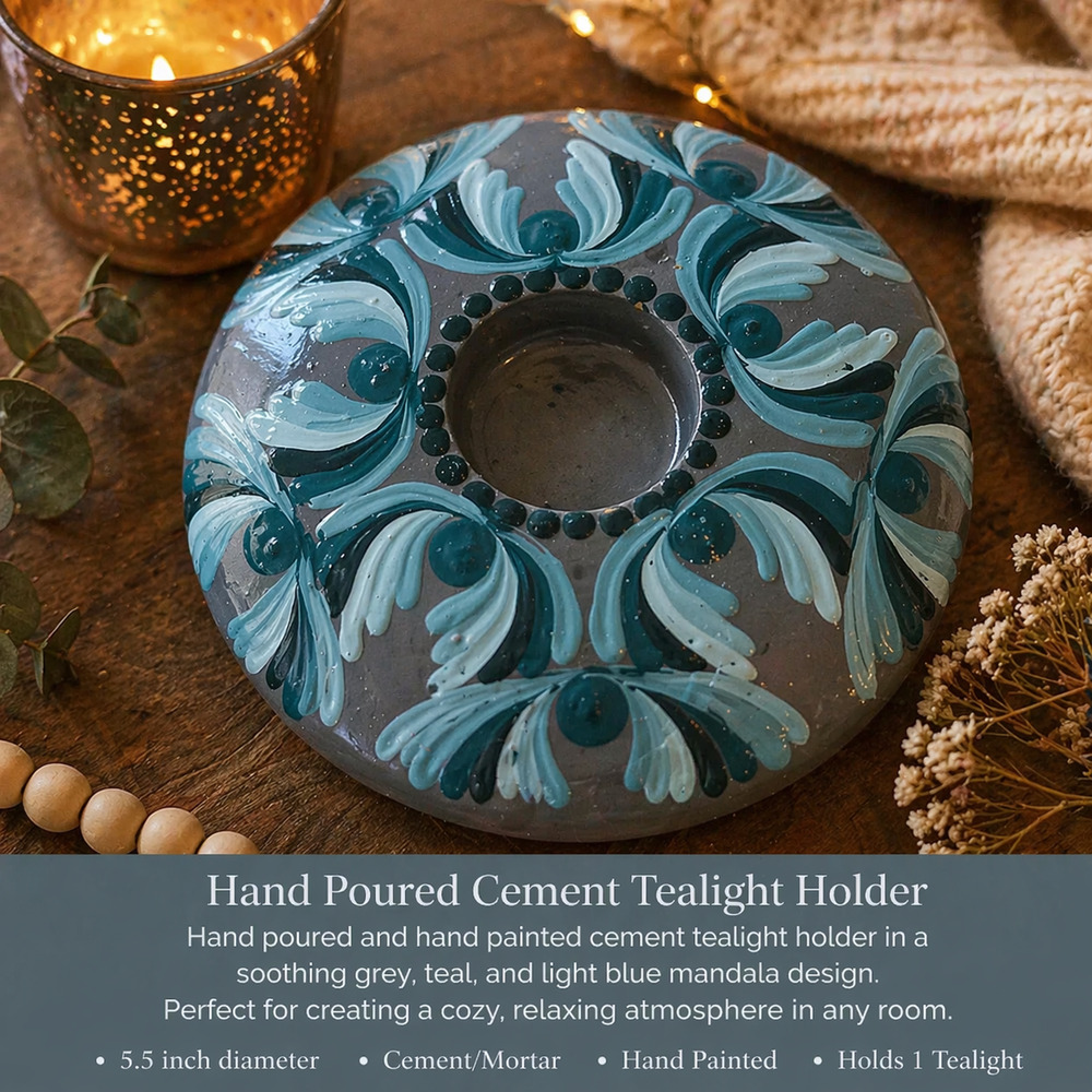 Hand Poured Cement Tealight Holder 5.5” Hand Painted Blue Teal Mandala Candle